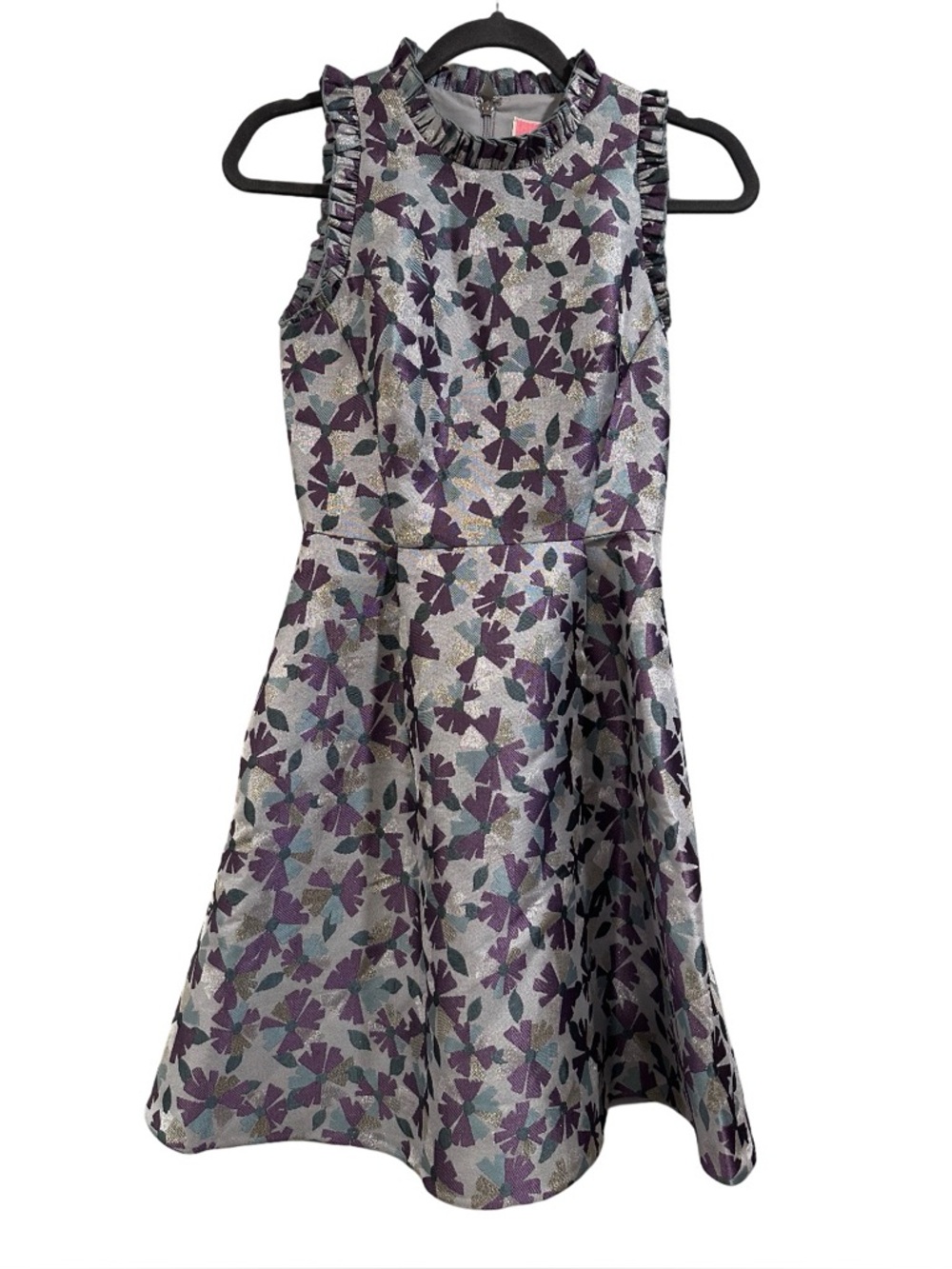 kate spade Moonglow wallflower ruffle Silver Dress Purple Floral Jacquard NWT 00 - Picture 4 of 16